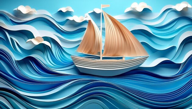 illustrative paper style boat sailing on blue ocean waves
