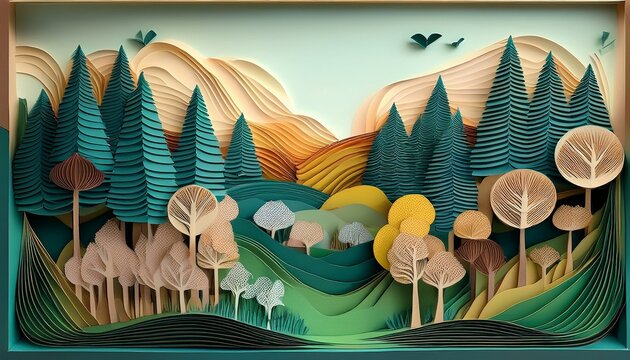 Spring Forest Landscape In The Form Of An Intricate Paper Diorama Multi Layered Paper With Different Textures