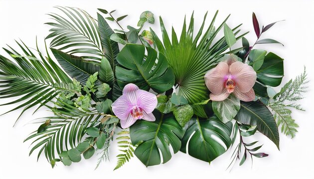 Tropical Cut Out Arrangement Featuring Monstera Leaves Ivy Orchids And Liana Vines For Lush Jungle Foliage Design