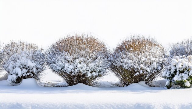 Row Of Small Bushes Or Shrubs Heavily Covered With Fresh White Snow Against Transparent Background Creating Stark Winter Landscape Element For Seasonal Design Projects
