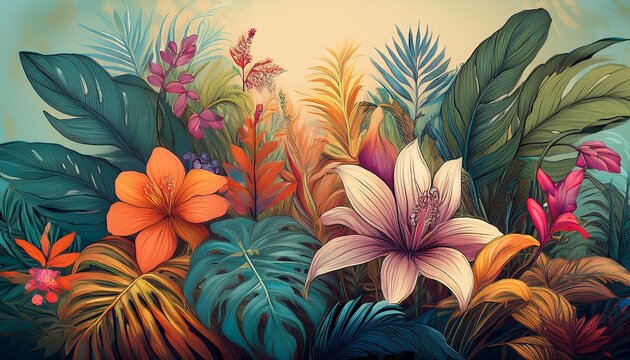 Tropical Plants And Flowers Art Illustration