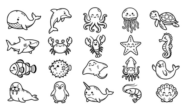 Marine Animal Outline Collection with Whale Dolphin Octopus Crab Turtle Fish and Sea Creatures Vector Set