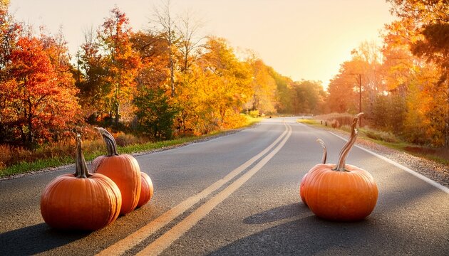 Autumn Pumpkins On Road With Fall Trees At Sunset