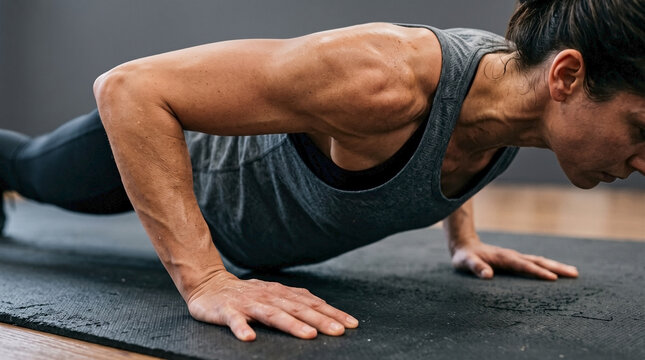 Woman performing bodyweight exercise, hands and shoulders visible on dark mat. Athlete demonstrates proper form during challenging bodyweight exercise, building strength and endurance.