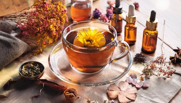 Autumn Wellness Still Life With Herbal Tea Essential Oils And Dried Flowers Creating A Seasonal Atmosphere For Self Care Cup Of Herbal Tea Next To Small Bottles Of Essential Oils And Dried Flowers