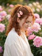 Naklejka premium Woman with red hair wearing cute flower hair clips in a summer garden. Young lady with ginger curly hair enjoying pink peony flowers. Female beauty portrait with floral accessory.