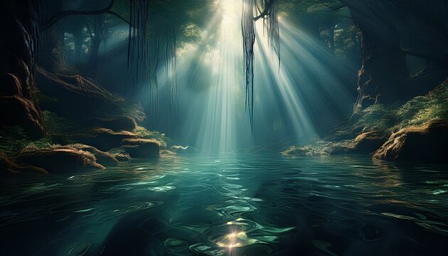 Light Beams Shine Down Through Dark Water Creating An Ethereal Scene