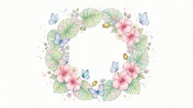 Elegant watercolor wedding invitation template featuring a geometric eucalyptus botanical frame with pink floral wreath accents