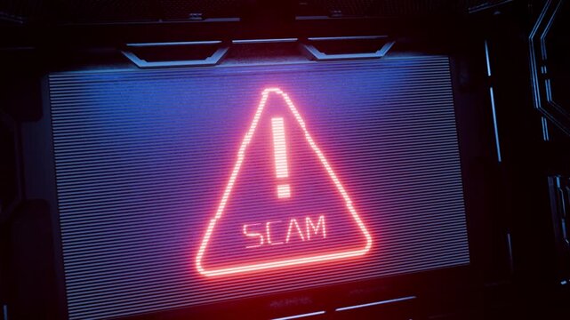 Warning: scam-related imagery set against a high-tech backdrop&mdash;the large screen of a spaceship. A red icon featuring an exclamation mark and the word "scam." Phone fraud. Exchange-related risks. Email
