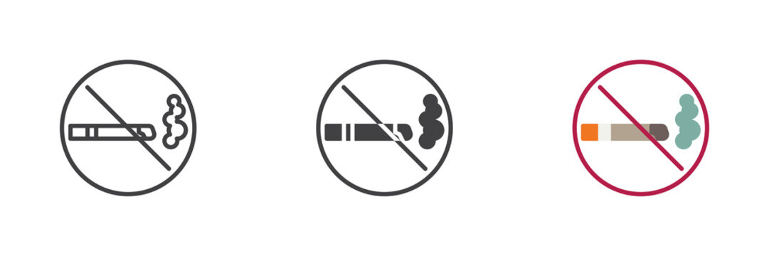 No smoking icon in line, solid and flat colorful versions, cigarette ban color vector sign and symbol. No smoking icon set for health and ecology warnings.