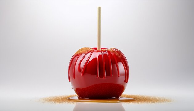 A Red Candy Apple Is Covered In Caramel Featuring A Stick On A White Background