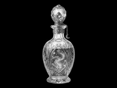 Ornate silver potion bottle with magical galaxy liquid, isolated on transparent background. Perfect for fantasy themed.