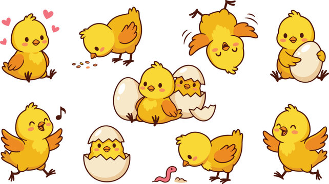 Adorable little chicken character collection with newborn chicks inside eggshells pecking seeds and running isolated on a white background vector