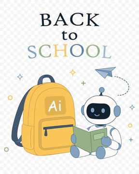 Back to School with AI Assistant &ndash; Student Learning with Educational Robot Flat Vector Illustration. Vector png.