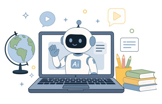 Back to School with AI Assistant &ndash; Student Learning with Educational Robot Flat Vector Illustration. Vector png.