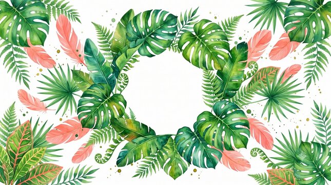 Watercolor wedding geometric eucalyptus botanical frame with tropical green leaves and pink accents for elegant event invitations