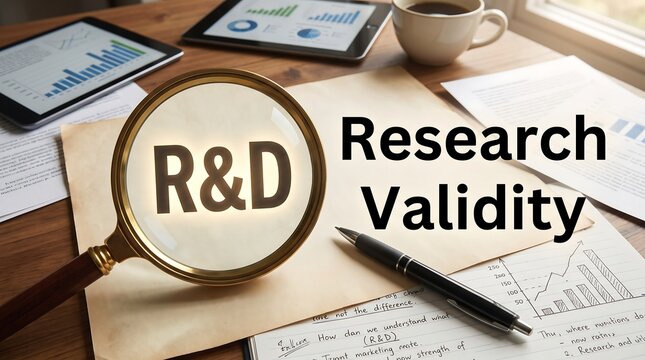 Research and Development validity concept, magnifying glass over R&D text on office desk, business data analysis and scientific innovation study