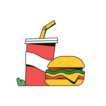 Burger and soda combo vector illustration. Hamburger and drink cup vector icon.