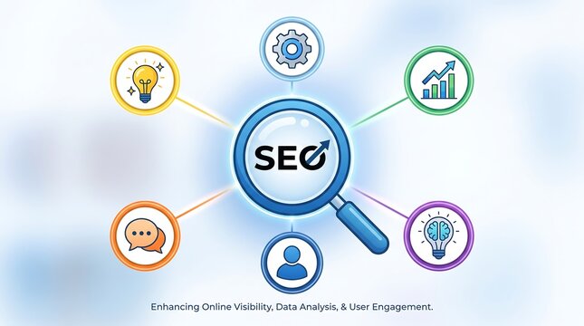 SEO search engine optimization concept, digital marketing strategy icons with magnifying glass, online visibility and data analysis infographic