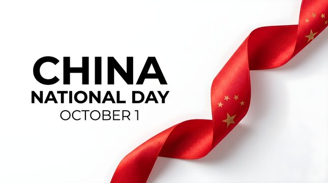 Elegant red silk ribbon on a white background celebrating china national day in october with bold black typography text design