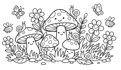 Naklejka premium Cute coloring page for children featuring happy mushrooms flowers snails bees and butterflies in a magical forest garden