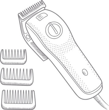 Dibujo a mano de una cortadora de pelo con tres peines gu&iacute;a