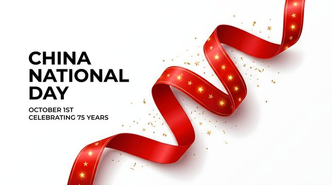 A festive celebration background for china national day featuring a bright red curling ribbon with golden sparkles on white background