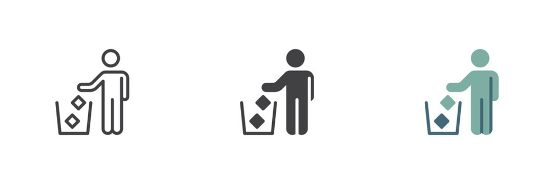 Do not litter icon shows person placing waste near bin in line, solid and flat colorful color styles. Vector sign and symbol for clean city, do not litter icon pack.