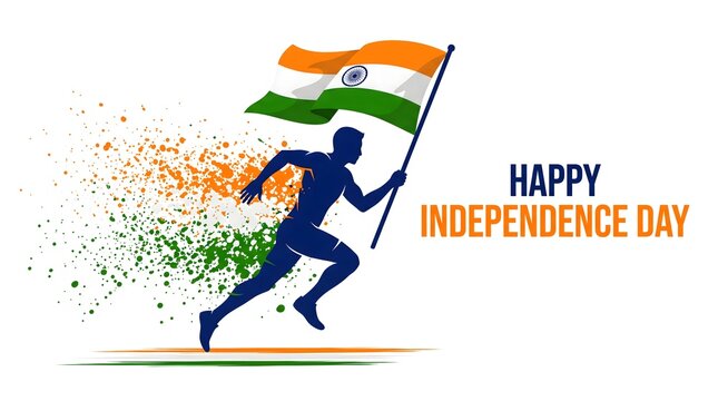 Happy Independence Day India Running Man Silhouette with Flag and Tricolor Particle Explosion