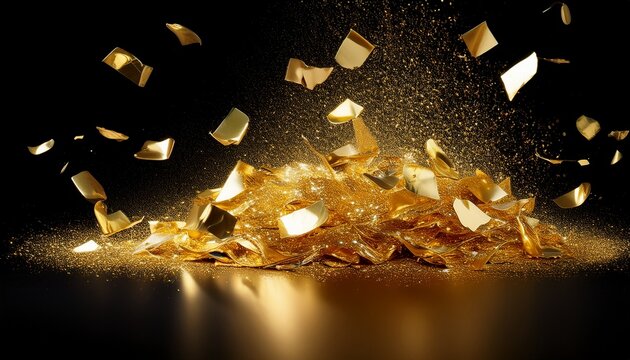 Pieces Flakes Of Gold Foil On Transparent Background Festive Background With Gold Glitter And Golden Foil For Celebration Background With Glowing Golden Particles