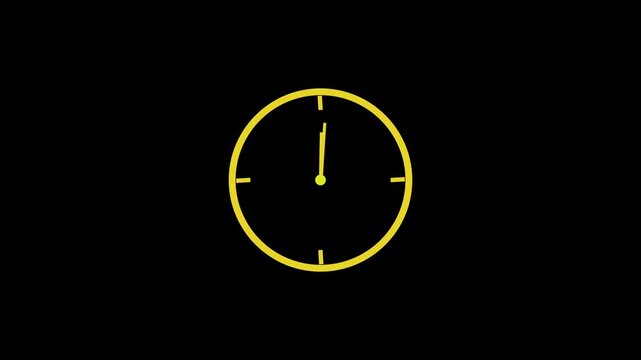 Simple yellow clock icon showing time with round frame isolated on a black background for business and schedule planning design projects