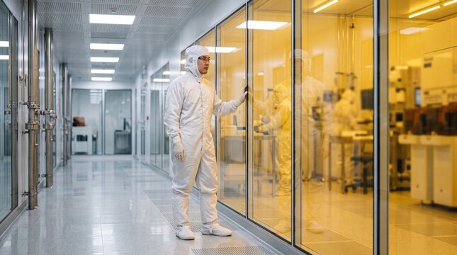 Techniker im wei&szlig;en Reinraumanzug blickt durch eine Glaswand in eine gelb beleuchtete Halbleiter Fertigung in Totale