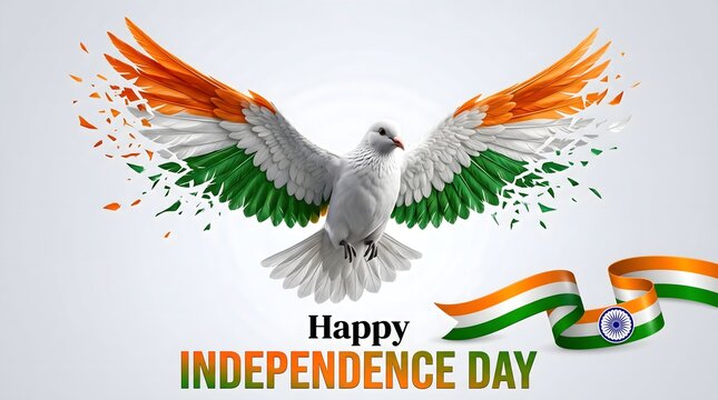Happy Independence Day India Flying Dove with Tricolor Wings and Ribbon Flag