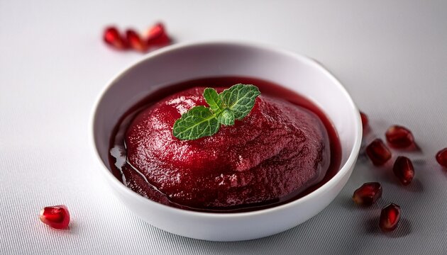 Fresh Pomegranate Sauce Narsharab On A White Acrylic Background