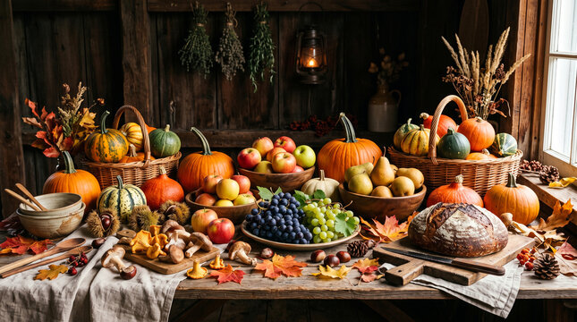 Rustic autumn harvest display with pumpkins, assorted fruits, mushrooms, and bread on wooden table