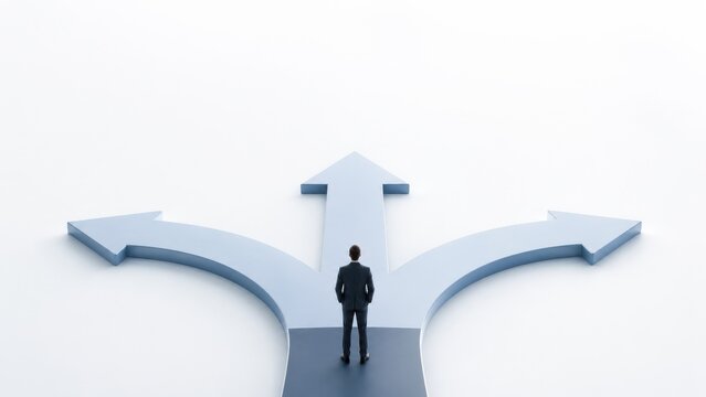 Businessman facing three-way decision path and direction arrows