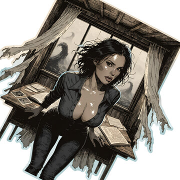 Woman in gothic study with eerie on transparent background