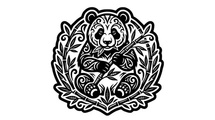 Circular panda emblem with bamboo leaf frame. © Stephanie