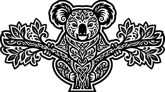 Ornate koala head with decorative leaf patterns.