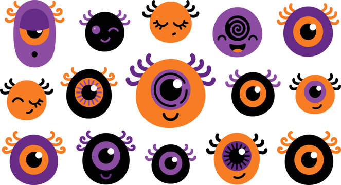 Halloween monster eyes vector set, cute spooky alien eyeball characters, purple and orange cartoon creature faces for party invitations and decor