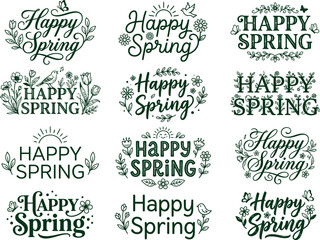 Collection of decorative happy spring lettering designs with floral elements and flourishes for seasonal greeting card graphic projects © Visual Assets