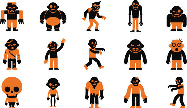 Set of various cartoon zombie characters in orange and black outfits isolated on a white background