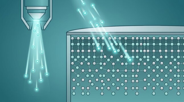 Cross-sectional view of ion implantation featuring a glowing light-blue beam striking and entering a patterned silicon wafer matrix.