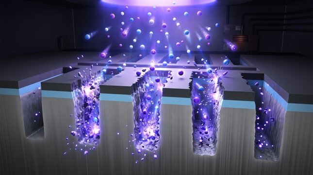 Magnified cross-section revealing energetic glowing purple plasma particles bombarding a silicon wafer surface to carve precise trenches.