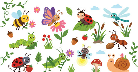 Cute Cartoon Insect Vector Character Set with Friendly Bug Illustrations for Children Education School Projects and Nursery Sticker Designs © Sheule
