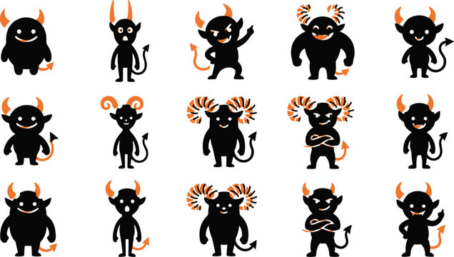 A collection of cute cartoon devil character stickers featuring various expressions and poses for creative design and decoration projects