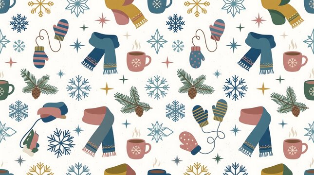 Cozy winter pattern with scarves mittens mugs of hot drink and snowflakes.