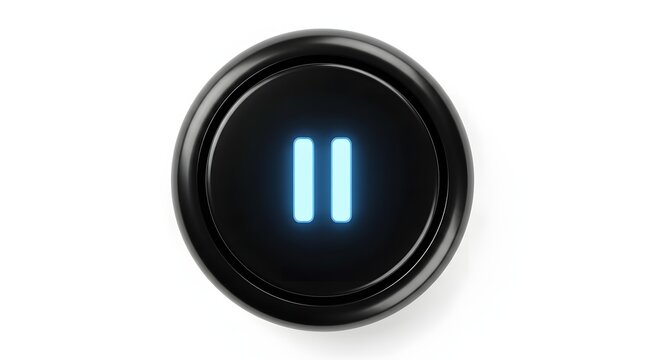 Pause button with glowing light blue icon for media playback control on a digital interface isolated on a clean white background studio shot isolated on white background