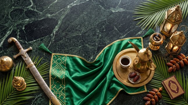 Elegant flat lay arrangement of traditional Saudi Arabian cultural items on a dark green marble surface for National Day celebration