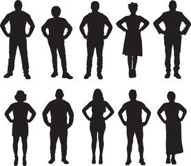 Naklejka premium vector,front view of a silhouette group of people standing and arms akimbo